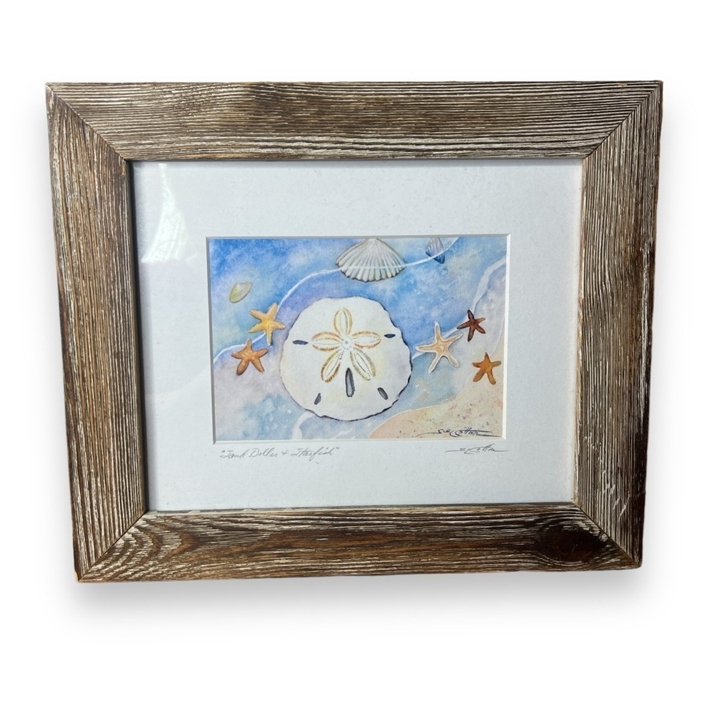 Sue Cotton Signed Watercolor Painting Sand Dollar and Starfish Print Framed Art